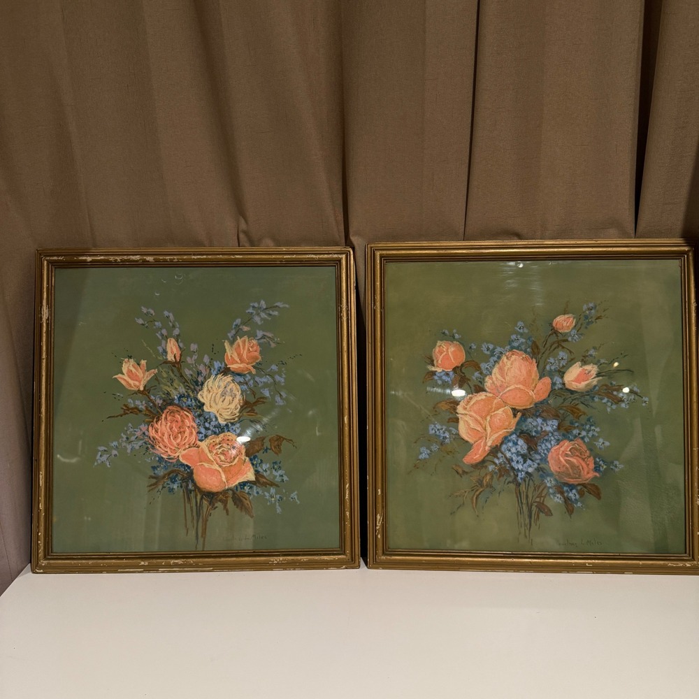 Vintage Courtney L Miles Floral Rose Paintings Pair Gold Framed Set‎ of 2